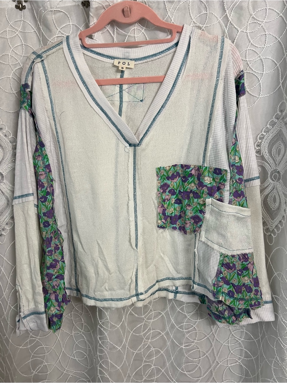 POL White Long-Sleeve Top with Purple & Green Floral Panels